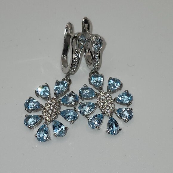 .925 Sterling Silver Floral Blue Topaz with CZ Centre Earrings Value $710 - Picture 5 of 6